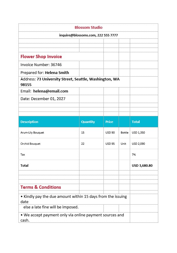 Printable Flower Shop Invoice Template PSD template